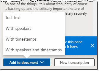 Options adding a transcript to the document.