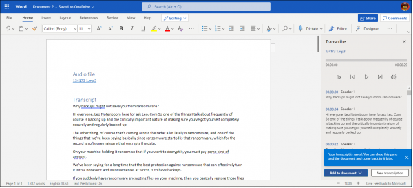 Transcription transferred to Word document.