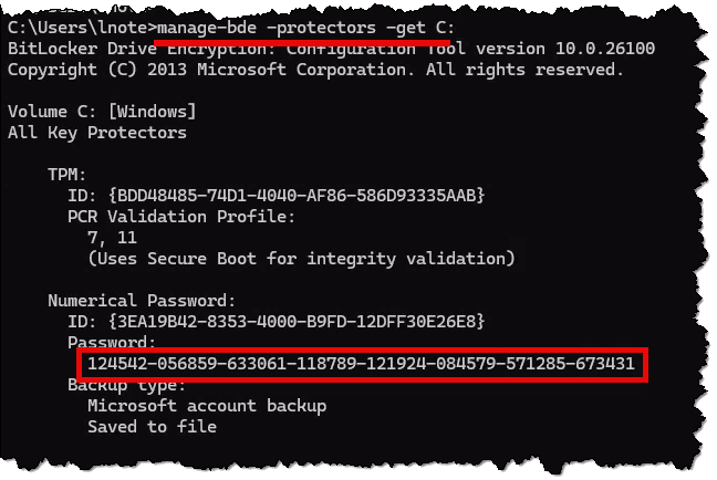 BitLocker key being displayed using Command Prompt.
