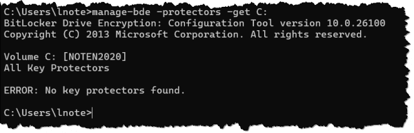 Bitlocker No key protecetors found error message.
