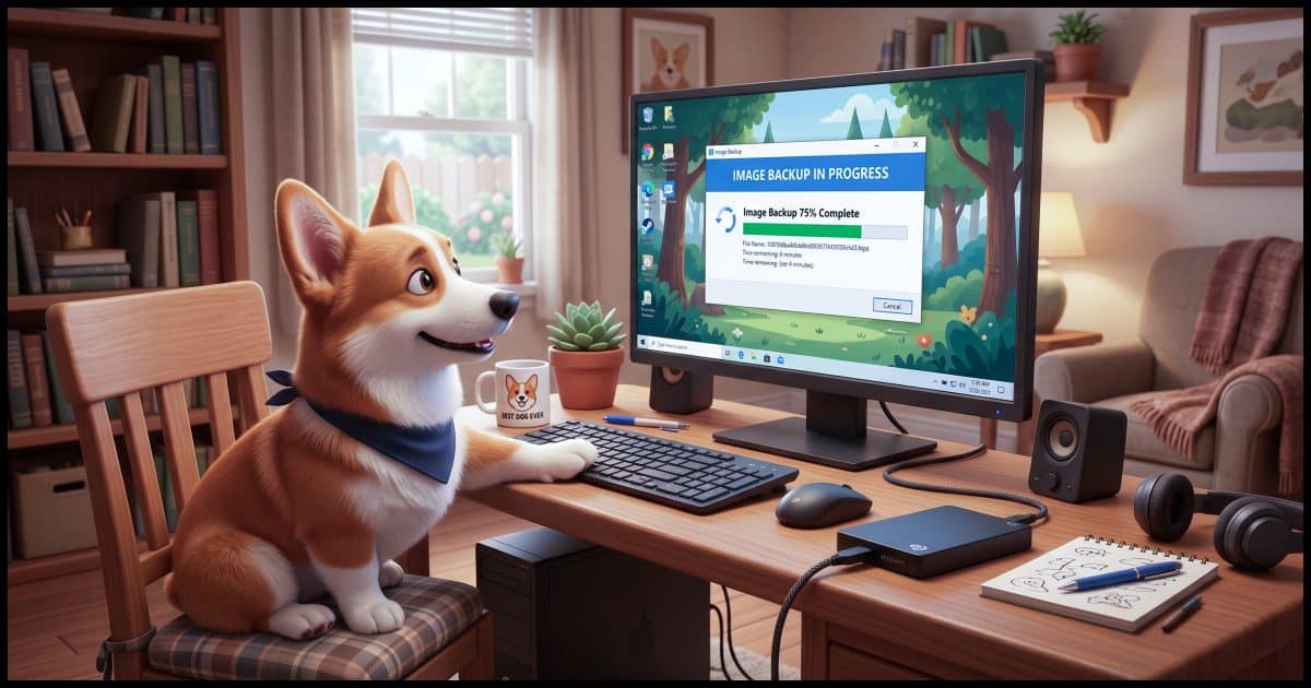 ACorgi at a Windows computer in a home office. The computer has an external hard disk connected. On the screen is a progress message that says "Image Backup 75% Complete".