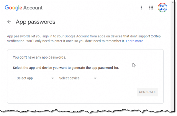 App Passwords in a Google Account.