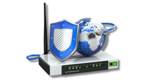 Router with a shield and globe with an ethernet port and cable.