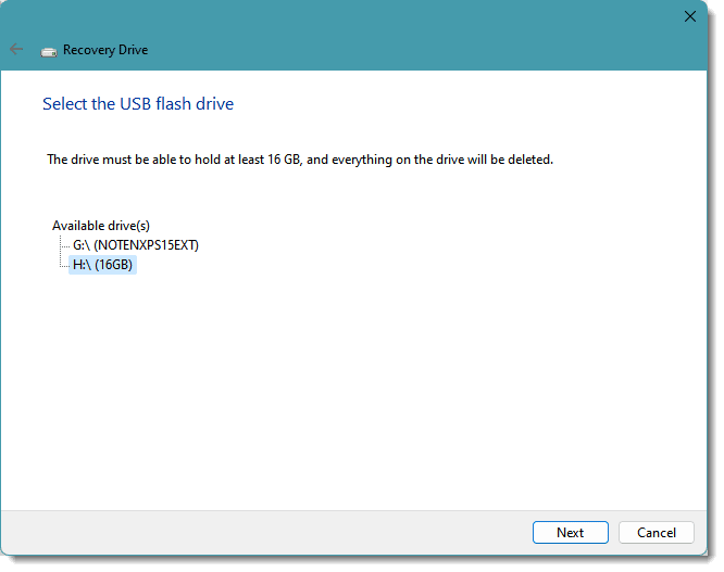 Windows recovery drive creation.