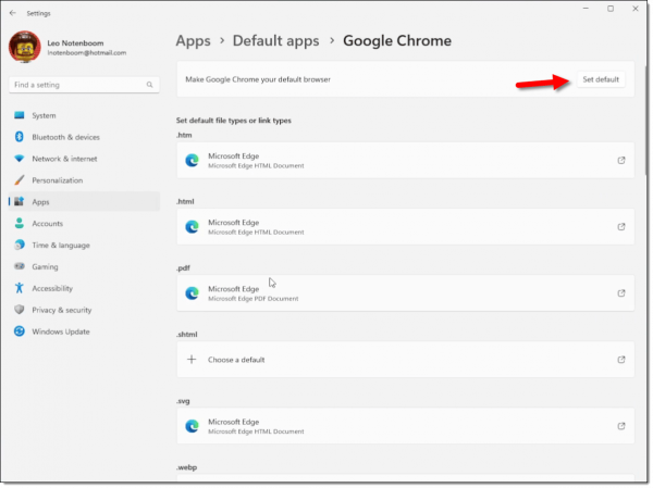 Apps > Default Apps -> Google Chrome