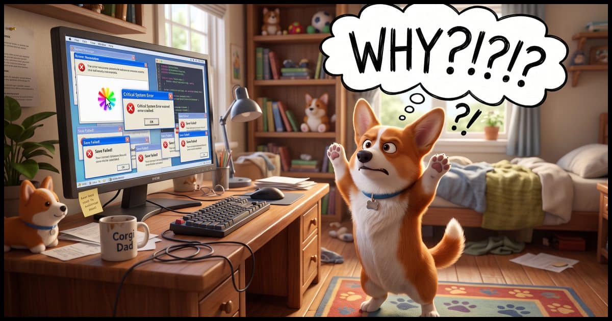 A Corgi standing in front of his computer with his paws up in the air in frustration, and a thought bubble with "WHY?!?!?" in it