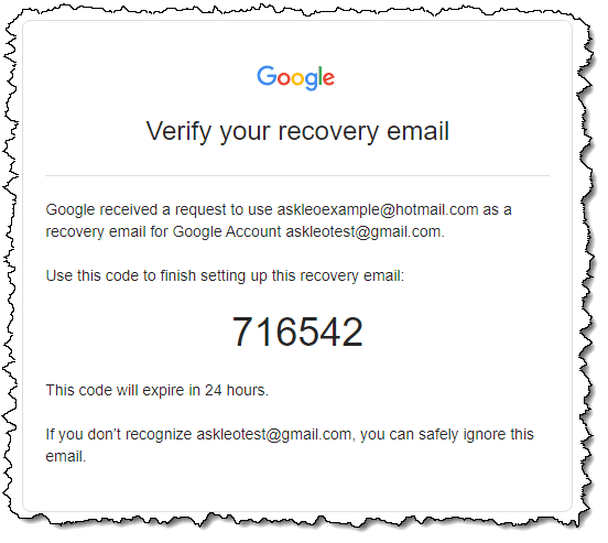A recovery or verification code message.