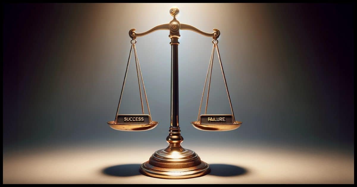Photorealistic image of a traditional balance scale, with the scales clearly labeled. On one side of the scale, the word 'Success' is visibly written, on the other side, the word 'Failure' is written. The scale is depicted with realistic materials, such as polished brass or steel, and is set against a simple, neutral background to keep the focus on the balance scale. The lighting in the image highlights the reflective surfaces of the scale and the contrasting labels on each side. The image does not contain any additional text, ensuring the message is conveyed solely through the symbolic representation of the balance scale.