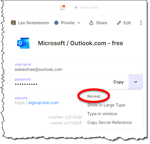 The reveal option to show a password in 1Password.