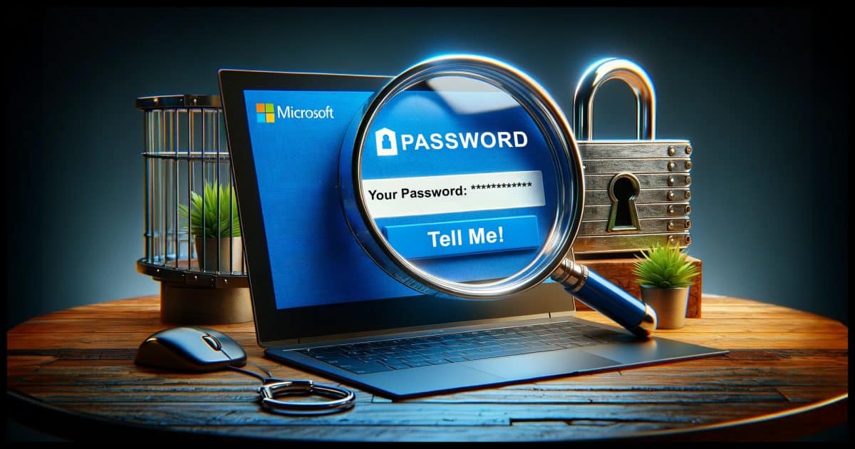 Visualize a secure, encrypted server with a padlock symbolizing security, and a magnifying glass over a computer screen displaying an Outlook.com login page, to represent the attempt to find the existing password without changing it.