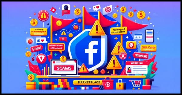 An image that visually represents the theme of being cautious on Facebook Marketplace due to the rise of scams. The image features symbolic red flags to indicate warning signs, along with icons or illustrations related to Facebook Marketplace, such as the Facebook logo, a marketplace setting, and representations of the scams mentioned (moving conversations off Facebook, cryptocurrency, gift cards).