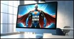 A computer screen displaying a super-hero with the words 'Super Admin' across their chest. The superhero is wearing a modern, sleek superhero suit in a vibrant color, with a cape flowing behind. The superhero is depicted in a dynamic, heroic pose, symbolizing power and control.