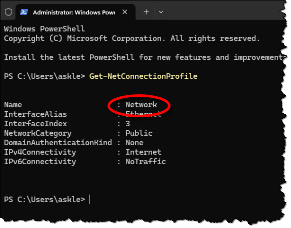 Get-NetConnectionProfile command