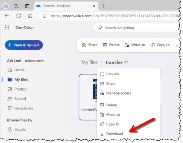 Downloading a file from OneDrive.com.
