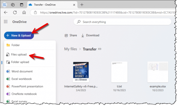 OneDrive file upload options.