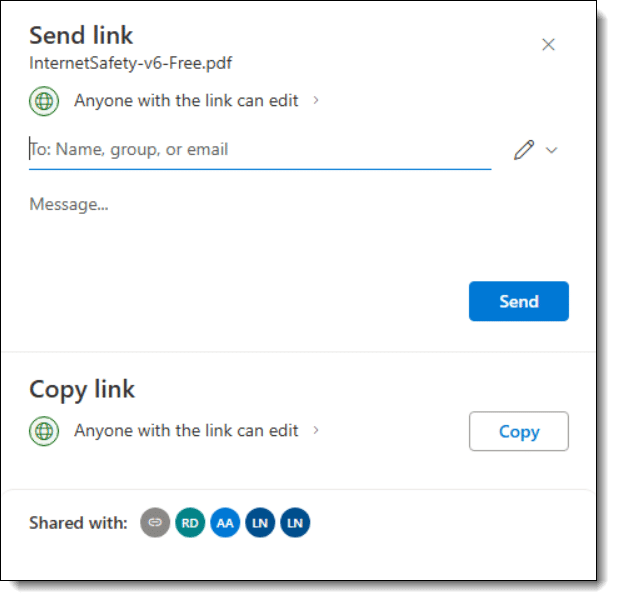 Sharing a file via OneDrive.com.