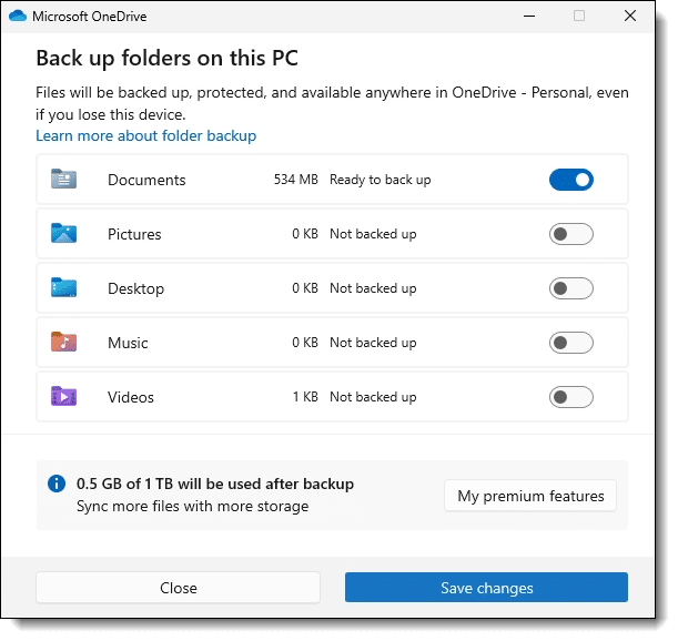 OneDrive backup feature turned on for Documents.