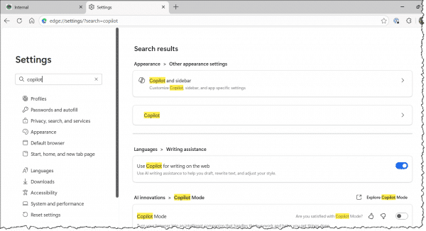 Copilot related settings in Edge.