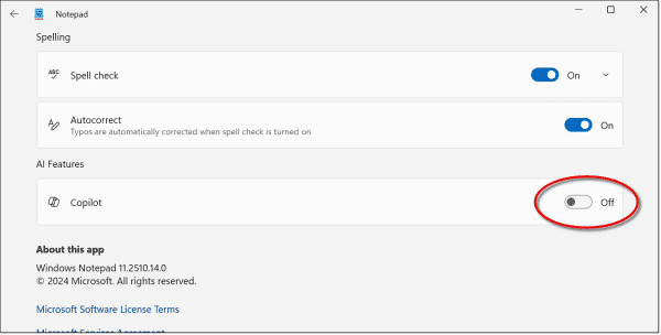 Copilot option in Notepad.