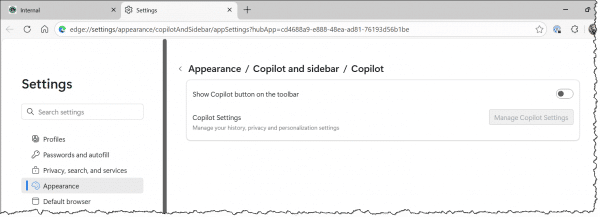 Option to not show the Copilot button in Edge.