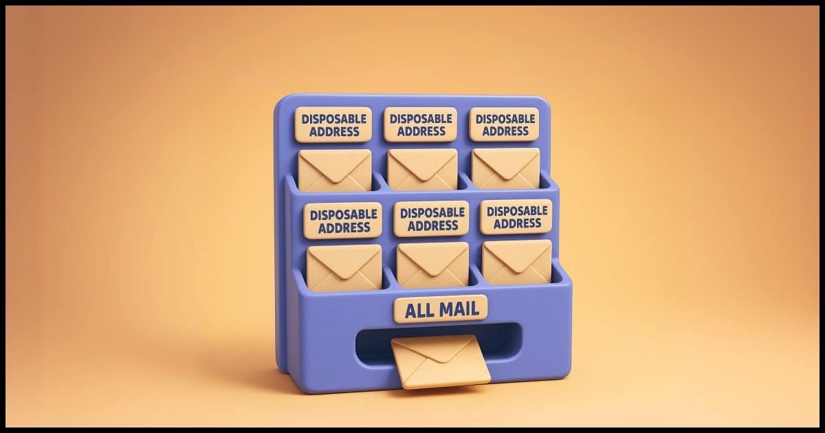 A mail sorter/organizer with multiple labeled slots, each representing different disposable addresses, with one main slot catching all the sorted mail
