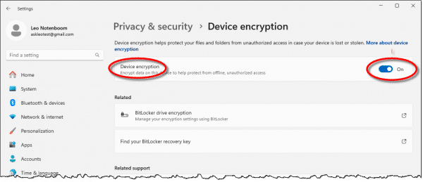 Device Encryption is on.