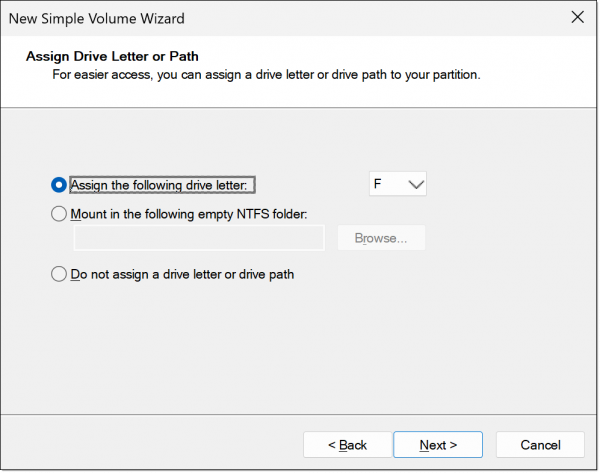 Assigning a drive letter.