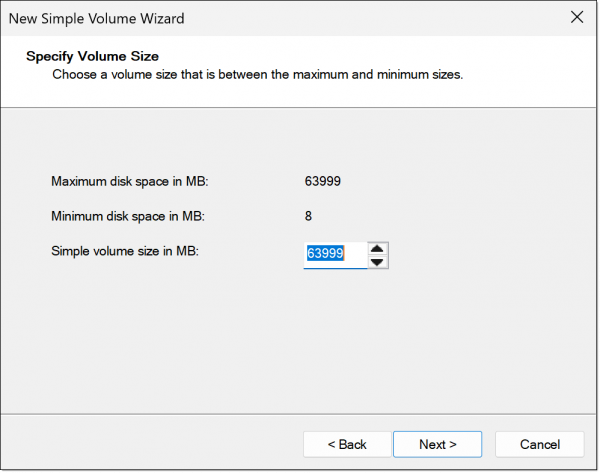 Size for the new volume