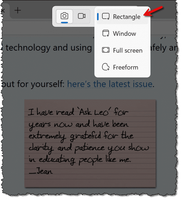 Snipping tool capture type selection.