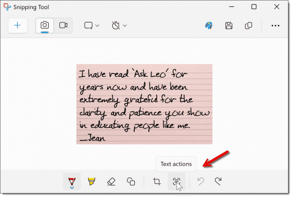 Snipping Tool Editor Text Actions button.