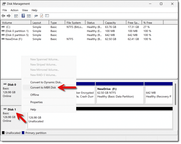 Covert to MBR Disk option available.