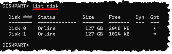 Dispart list disk command.
