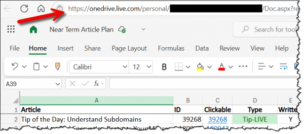 Excel spreadsheet being accessed online.