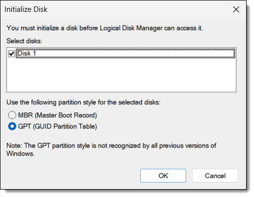 Disk Initialize dialog from Windows Disk Management.