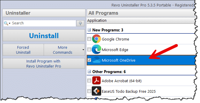 Revo Uninstaller with OneDrive selected.