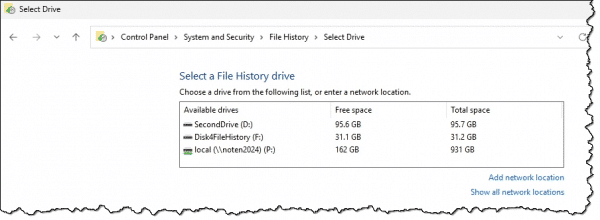 Choosing the drive to use for File History.
