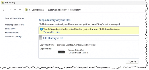 File History settings in Control Panel.