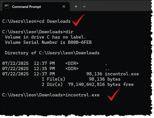 Downloads folder in Command Prompt.