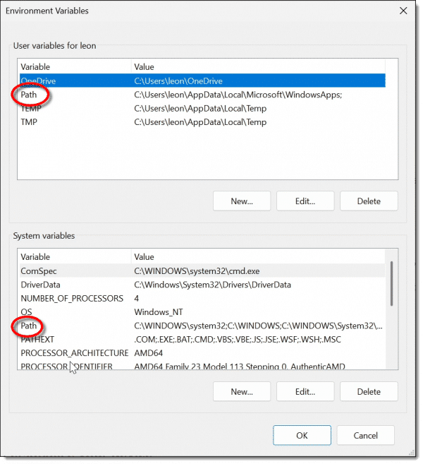 The Environment Variables dialog.