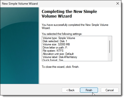 New Simple Volume wizard summary.