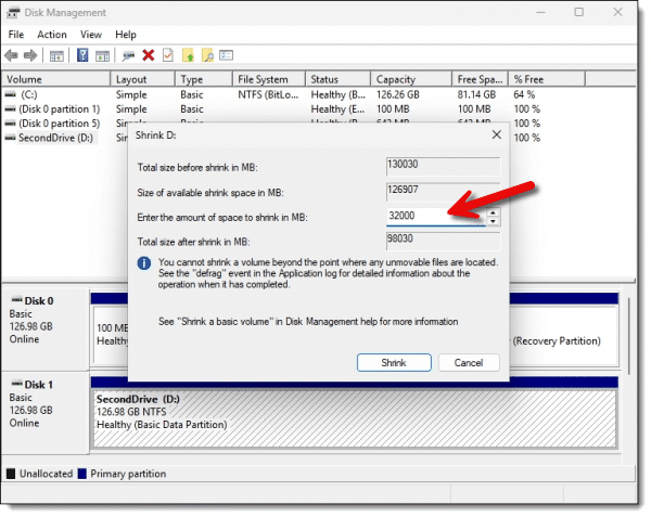 Shrinking a partition.