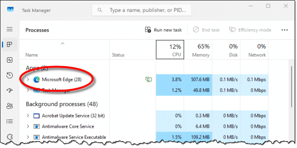 Edge in Task Manager