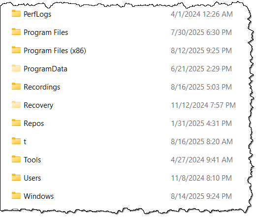 Some of the folders on my system drive.
