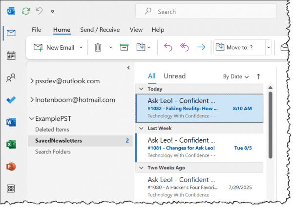An example PST file in Outlook (classic)
