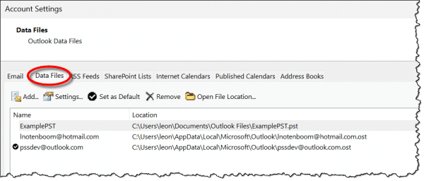 Outlook Datafiles in Account Settings.