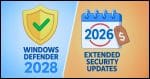 Split view showing Defender updates through 2028 and ESU updates through 2026.