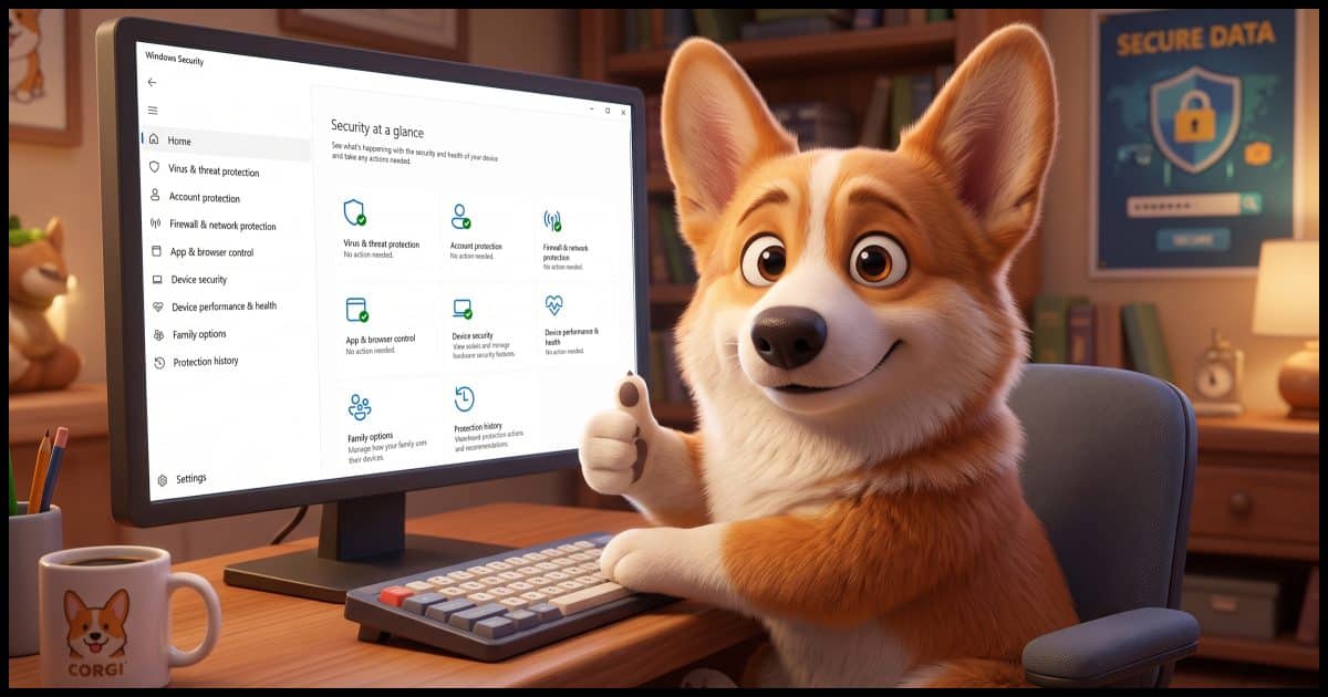 A Corgi sitting in front of a PC displaying Windows Security. The Corgi looks at the camera and gives a 