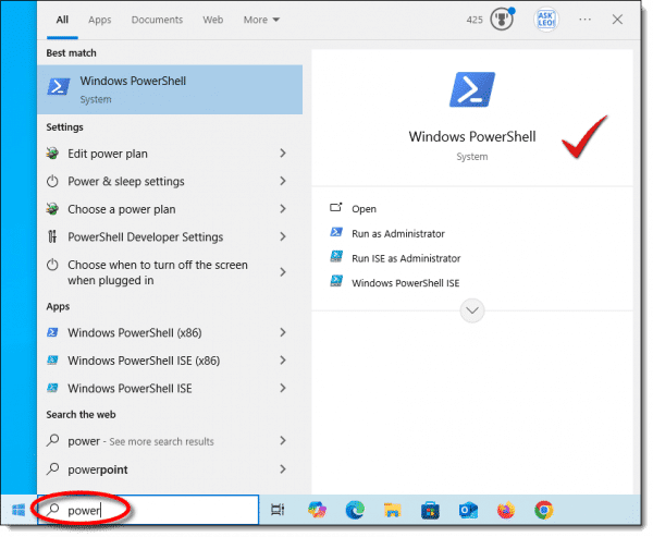Running the Windows PowerShell. Click for larger image. (Screenshot: askleo.com)