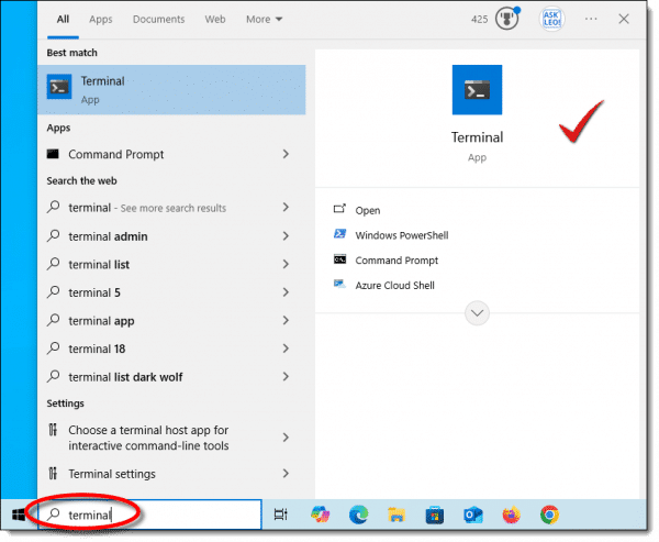 Running the Windows Terminal. Click for larger image. (Screenshot: askleo.com)