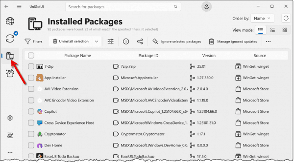 UniGetUI listing installed applications.